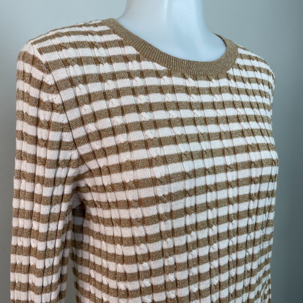 Talbots Sweater MP Medium Petite Metallic Gold Striped Crew Neck Cable Knit - Picture 2 of 13